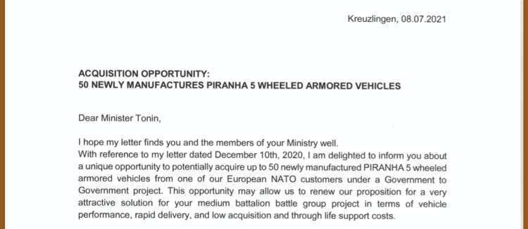 Pismo, ki ga je Thomas Kauffmann, podpredsednik družbe General Dynamics European Land Systems, napisal Mateju Toninu.