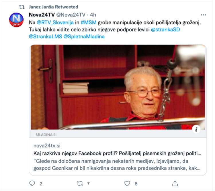 Mediji SDS so hiteli pojasnjevati javnosti, da oseba, ki je poslala pisemske grožnje, ni podpornik SNS in vlade, ampak opozicije. Njihovo "resnico" je delil tudi premier Janez Janša.