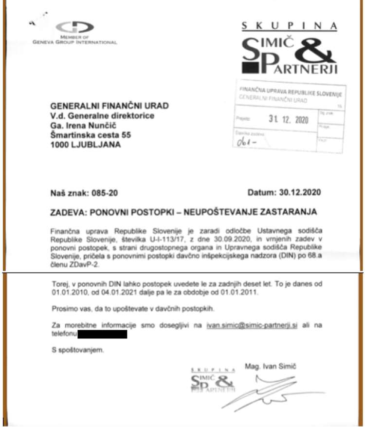 Dopis, ki ga je Ivan Simič poslal začasni direktorici Fursa Ireni Nunčič.