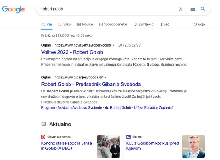 Umazana kampanja. Kdor bo na google.si iskal informacije o Robertu Golobu ali Gibanju Svoboda, lahko pomotoma zaide na Nova24TV.