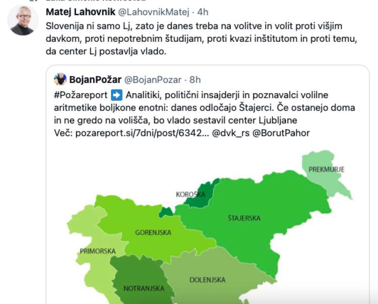 Matej Lahovnik, najljubši ekonomist odhajajočega predsednika vlade Janeza Janše, je tako pozval Štajerce k udeležbi na volitve. Pozneje je svoj tvit izbrisal.