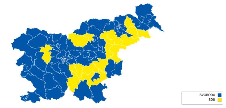 Če je bila leta 2018 velika večina Slovenije obarvana v rumeno, je tokrat stranka SDS premočno izgubila proti Gibanju Svoboda.