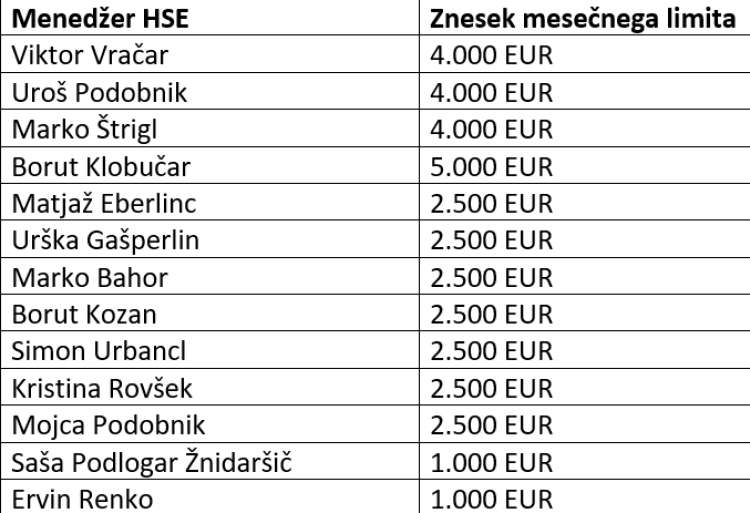 Skupaj lahko vodilni menedžerji HSE s službenih kartic na mesec porabijo skoraj 40.000 evrov, letno torej približno pol milijona evrov.