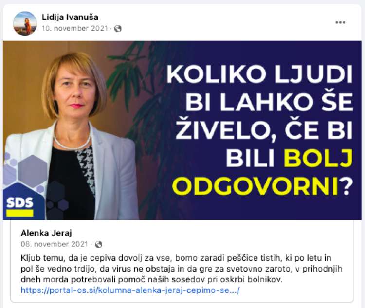 Lidija Ivanuša se je pridružila pozivom k cepljenju in javno grajala nasprotnike cepljenja oziroma ukrepov proti epidemiji covid-19.