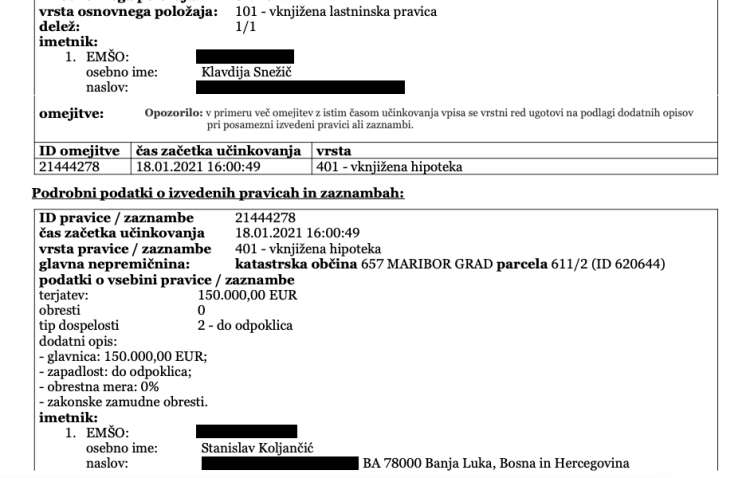 Od Stanislava Koljančića, ki je od HSE kupoval terjatve v BiH, si je soproga Roka Snežiča izposodila 150.000 evrov.
