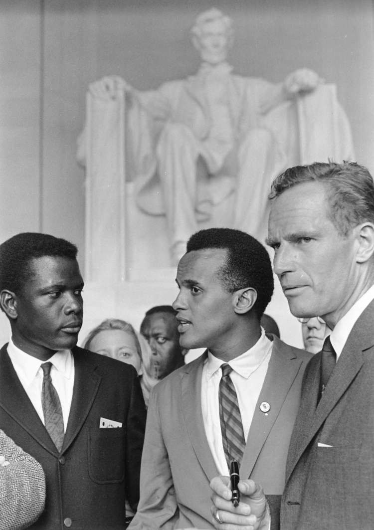 Sidney Potier, Harry Belafonte in Charlton Heston na shodu za človekove pravice 1963 v Washingtonu.