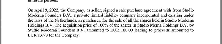 Eden od skladov, ki je bil manjšinski lastnik Studia Moderna, je razkril, da so se s podjetjem Sandija Češka aprila lani dogovorili, da mu prodajo družbo za vsega 100 evrov.