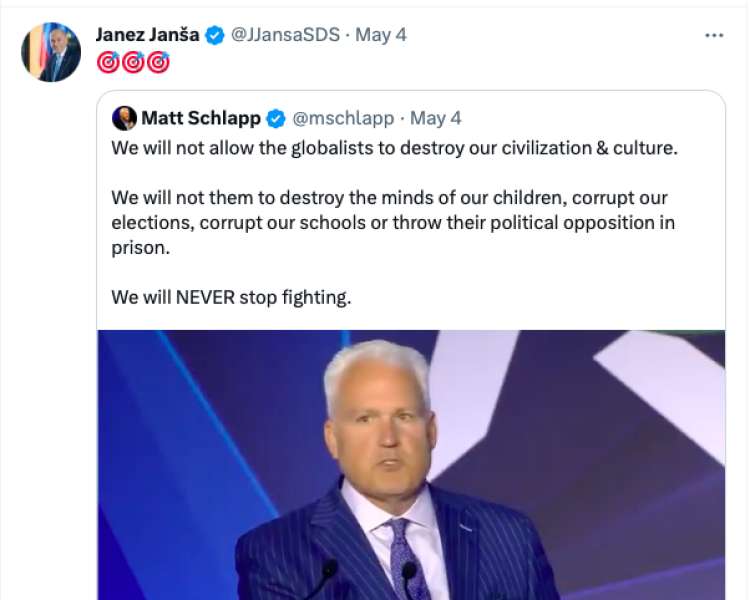 Janez Janša se strinja z besedami Matta Schlappa, predsednika ameriške konservativne unije. Ta je poudaril, da "ne bomo pustili globalistom, da uničijo misli naših otrok, pokvarijo naše volitve, pokvarijo naše šole in vržejo politično opozicijo v zapor".