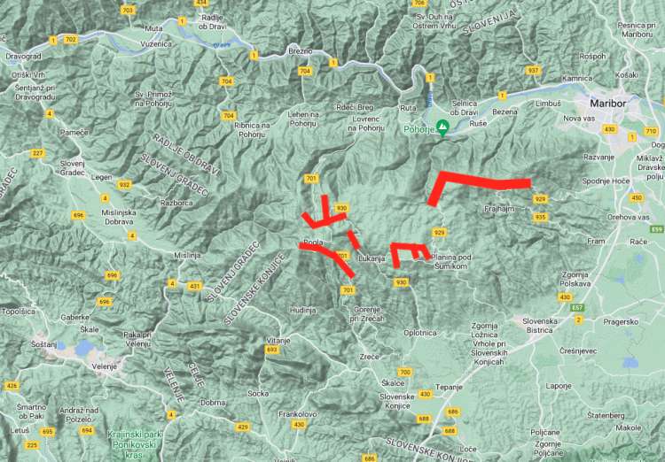 Zemljevid prikazuje, kje na Pohorju se bodo nahajala polja vetrnih elektrarn.