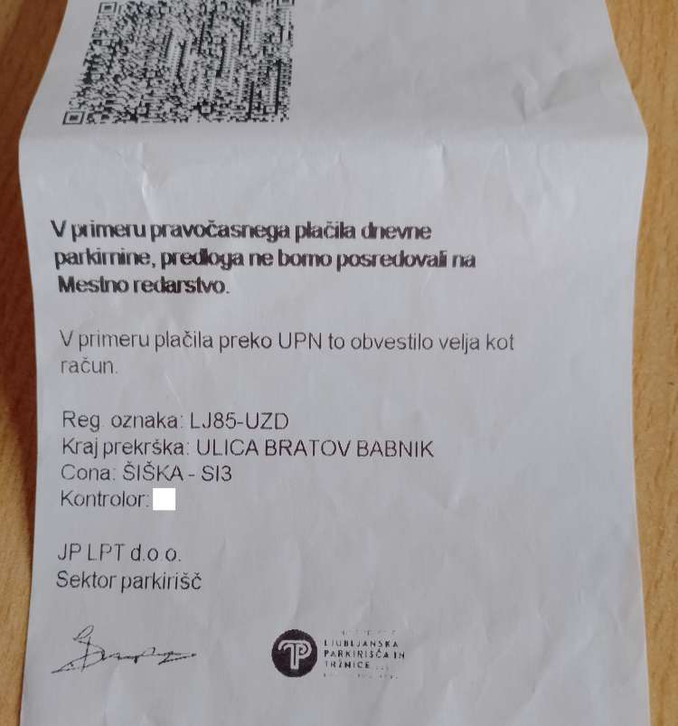 obvestilo o plačilo parkirnine