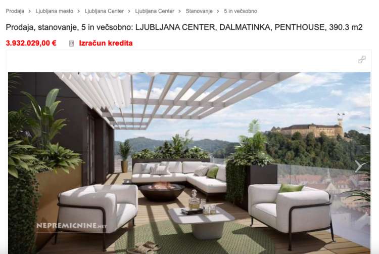 Penthouse v nastajajočem vila bloku Dalmatinka v središču Ljubljane je na prodaj za vrtoglave štiri milijone evrov.