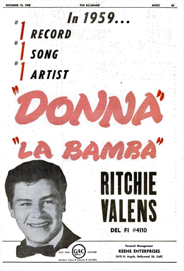 Oglas v Billboardu decembra 1958 za Valensovo drugo malo ploščo.