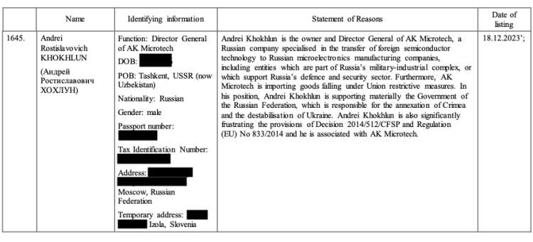 Izsek iz uradnega lista EU, ki je ruskega poslovneža uvrstila na seznam sankcij.