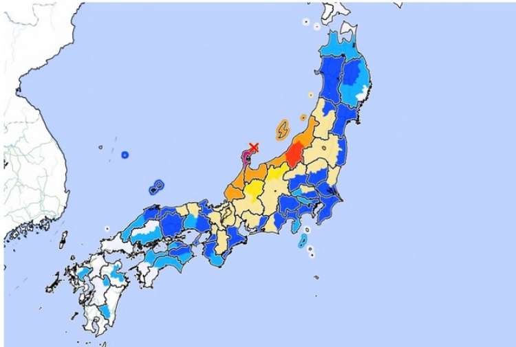 Slika, ki kaže kateri predeli Japonske bodo najbolj ogroženi (rdeča in oranžna barva).