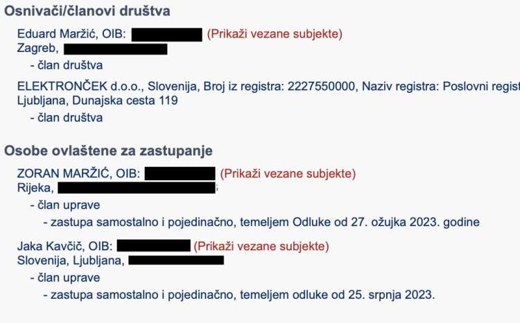 Izpisek iz hrvaškega poslovnega registra za podjetje Vila Münz.