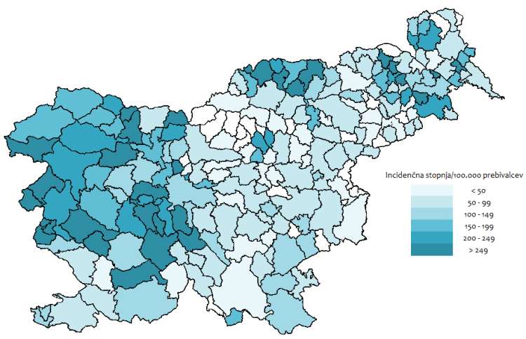 Število prijavljenih primerov lymske borelioze, po tednih, Slovenija, 1. 1. 2020 – 3. 3. 2024