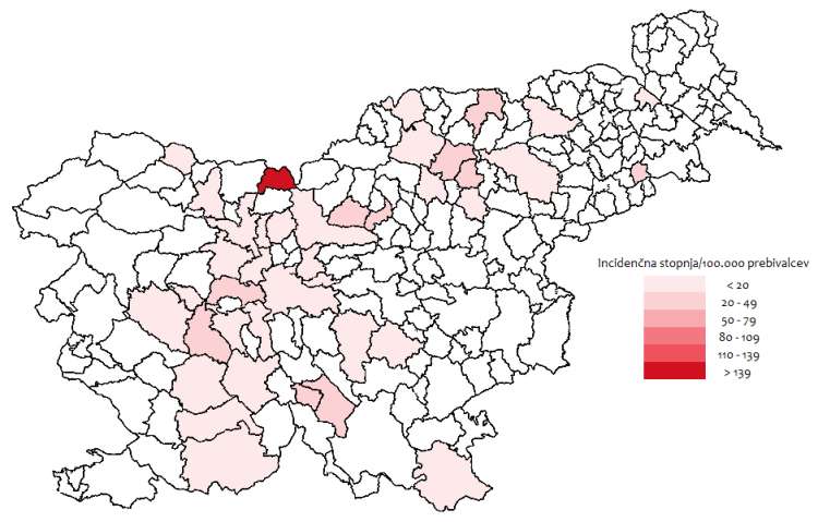 Incidenčna stopnja prijavljenih primerov KME/100.000 prebivalcev, po občinah, Slovenija, 1. 1. 2023 – 31. 12. 2023