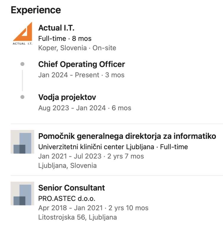 Karierna pot Blaža Suhača: dve leti je bil prvi informatik UKC Ljubljana. Nato se je vrnil v skupino Actual I.T., katere del je tudi njegov prejšnji delodajalec, podjetje Pro.Astec.