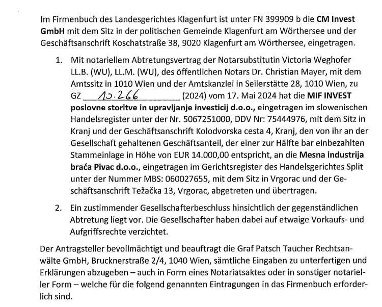 Izpisek iz avstrijskega registra dokazuje, da je Dujović svoj delež v avstrijskem podjetju CM Invest, ki obvladuje Celjskem mesnine, prodal že pred tednom dni.