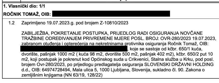 SDH je julija lani vpisal plombo na hrvaški nepremičnini.