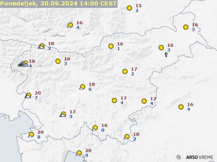 napoved temperatur, ponedeljek, 30.9.