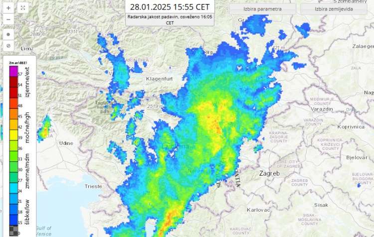 radarska slika, padavine, 28.1.2025