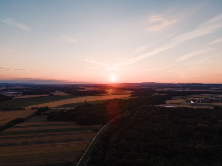 simbolična, dron, sončni-zahod, polje, kmetijstvo, sonce, nebo