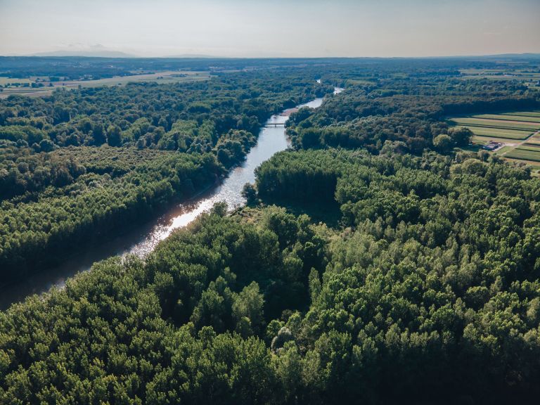 simbolična, mura, narava, dron, gozd, reka, vode