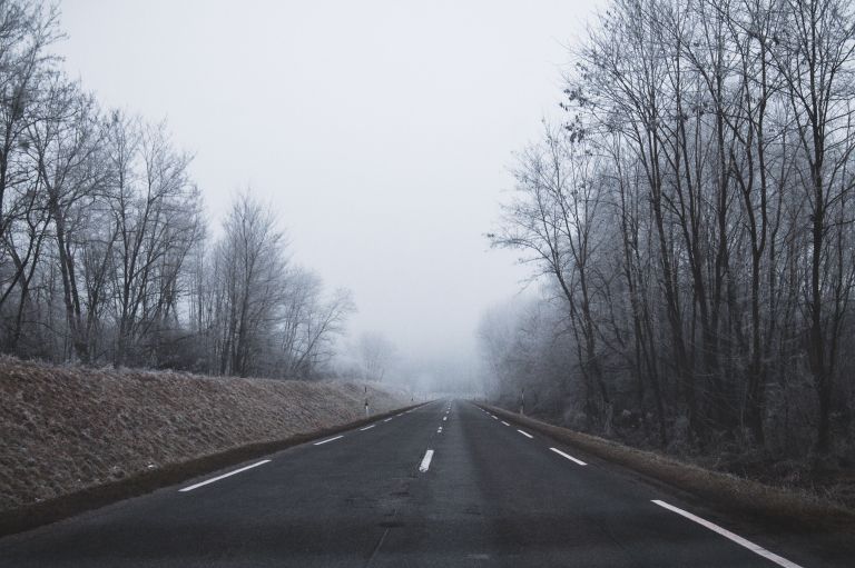 simbolična, zima, poledica, megla, cesta, vozišče, sneg, vidljivost