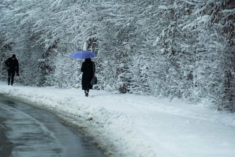 sneg zasnežena pot dežnik