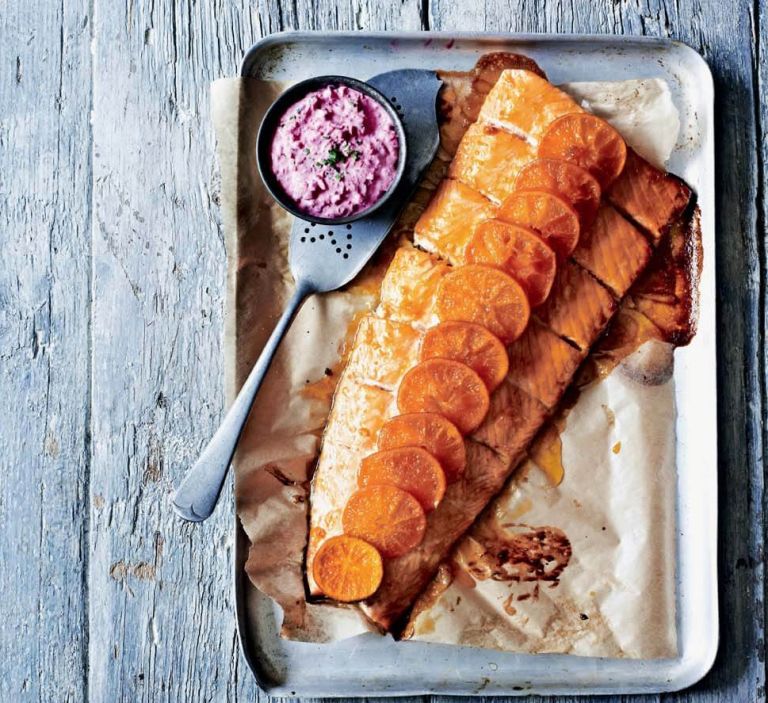 losos s klementinami vodko in medom