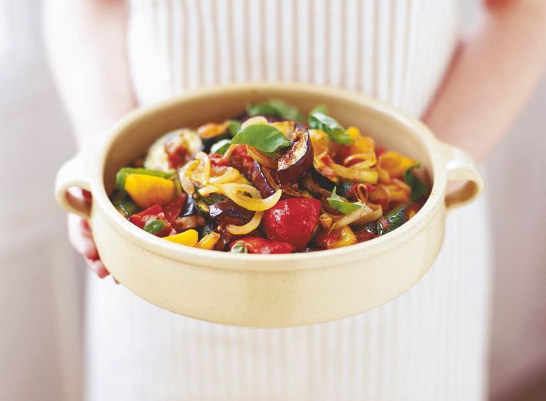 p30-31 Everyday Beginners. Learn to make ratatouille.basil leaves