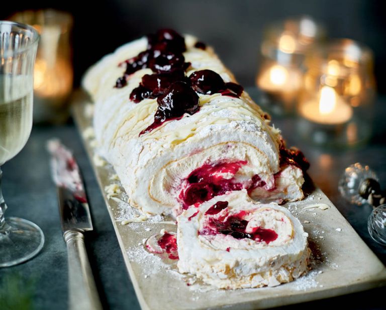 White Forest Meringue Roulade