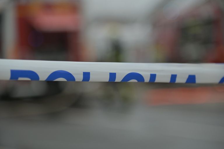 simbolična, požar, nesreča, gasilci, intervencija, policija, prizorišče, trak