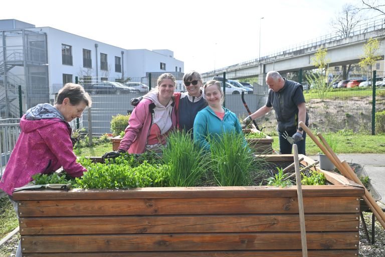 Prostovoljci so skupaj z uporabniki VDC-ja urejali visoke grede.JPG