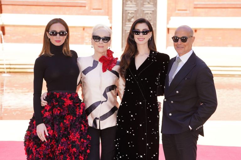 Emily Blunt, Meryl Streep, Anne Hathaway in Stanley Tucci na premieri v Londonu