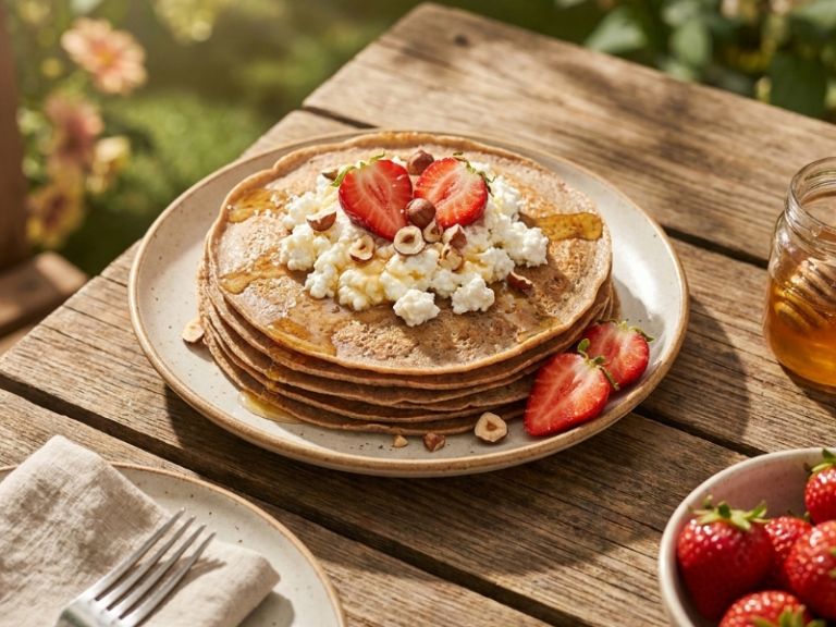 ameriske ajdove palacinke z medom, jagodami in lesniki