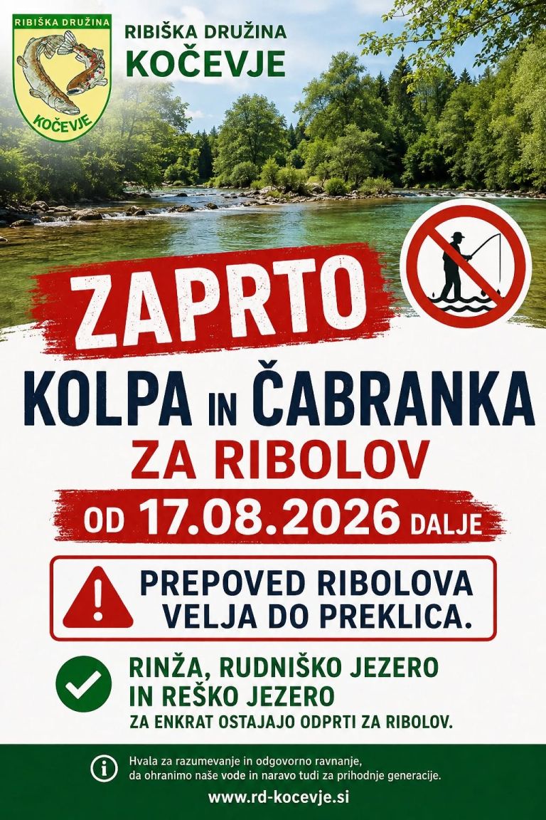 Do preklica je prepovedan ribolov na Kolpi in Čabranki