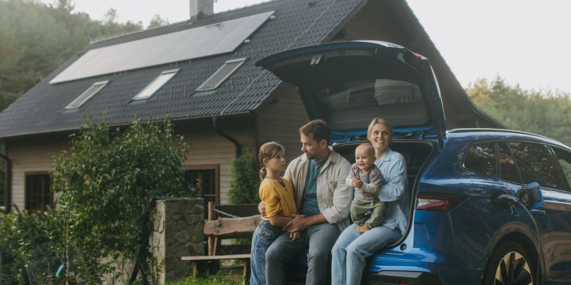 Družina pred hišo, solarni paneli, sončna elektrarna, električni avto