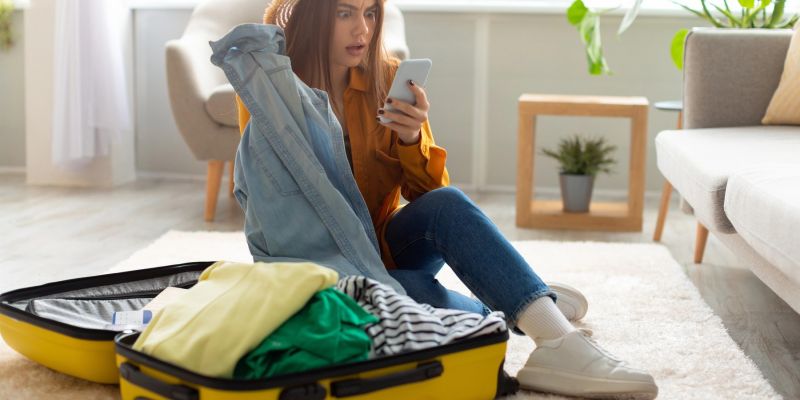 ženska pakira kovček in gleda telefon