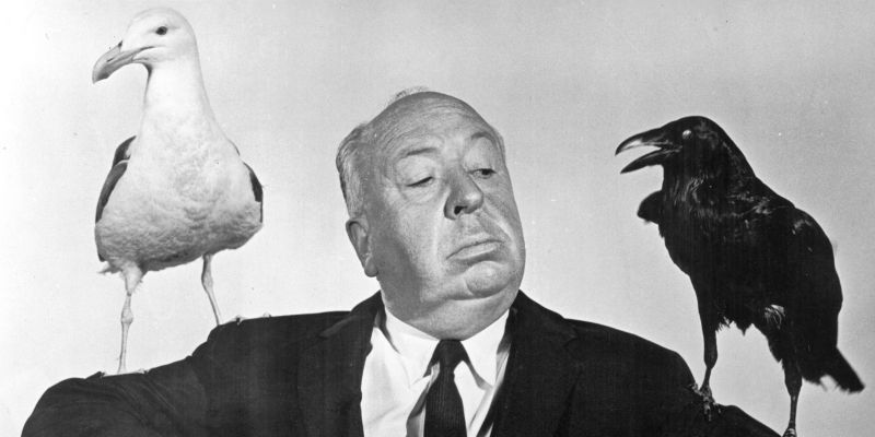 Alfred Hitchcock na promocijski fotografiji za film Ptiči (The Birds, 1963). Mojster suspenza je bil