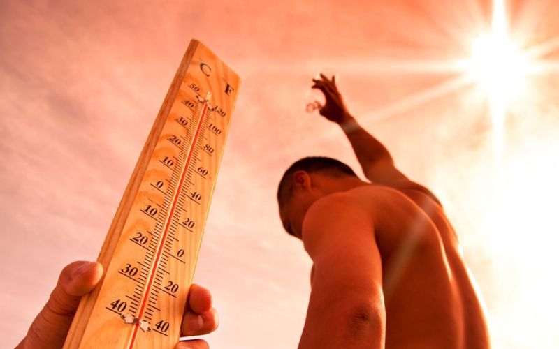 vročina, vreme, moški, sonce, termometer