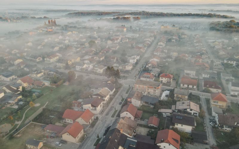 dron, megla, murska-sobota, murska, zračni, panorama, ulice, mesto