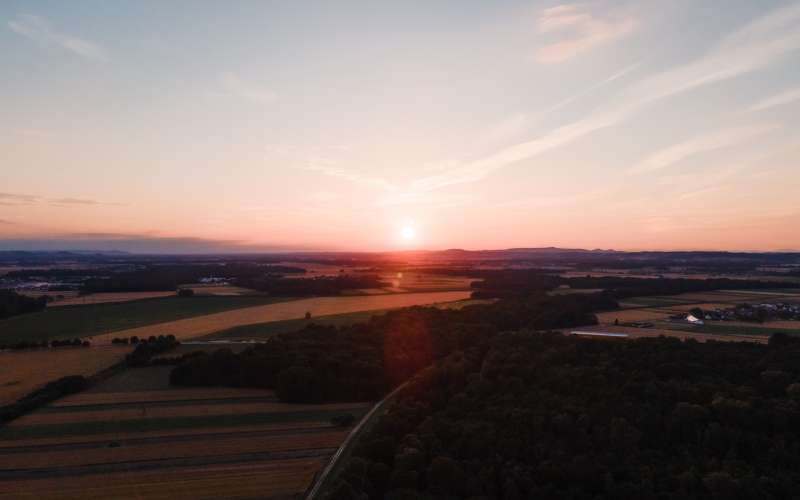 simbolična, dron, sončni-zahod, polje, kmetijstvo, sonce, nebo