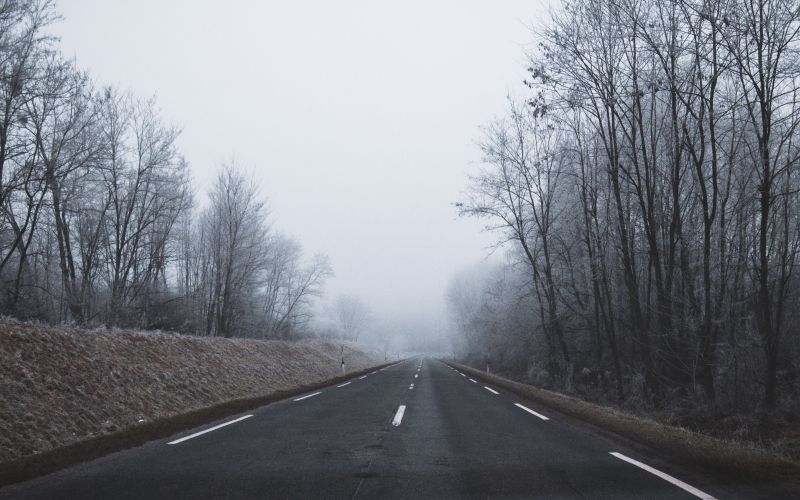 simbolična, zima, poledica, megla, cesta, vozišče, sneg, vidljivost