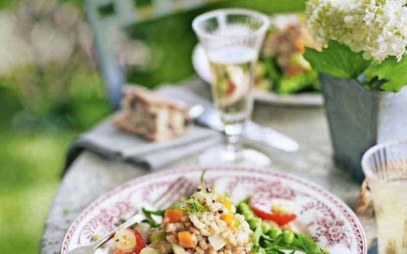 pearled spelt salad with peas and gooseberriesjust for twoweekend