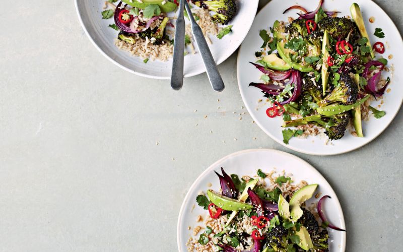 avocado, roasted broccoli and sesame rice salad