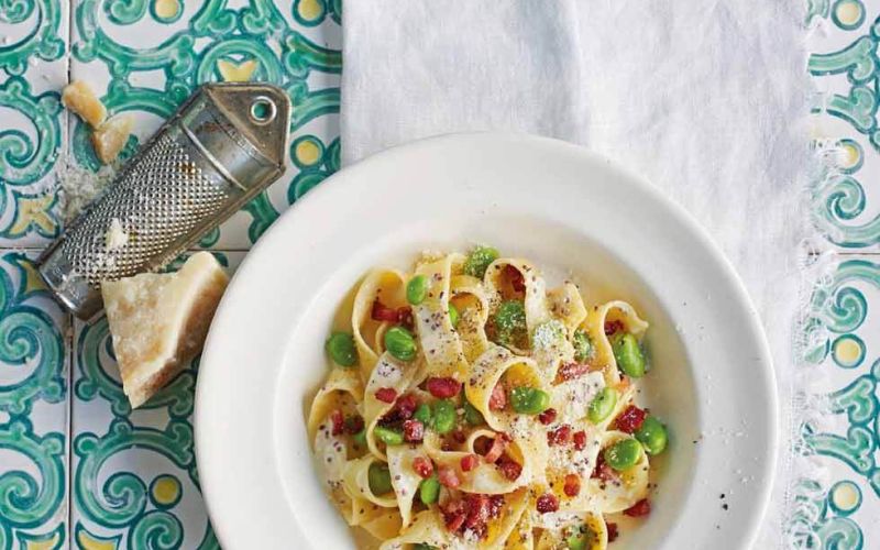 lets eat more broad beansin seasonPappardelle broad bean carbonara