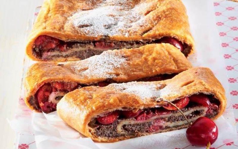 Sour cherry and poppy seed strudel