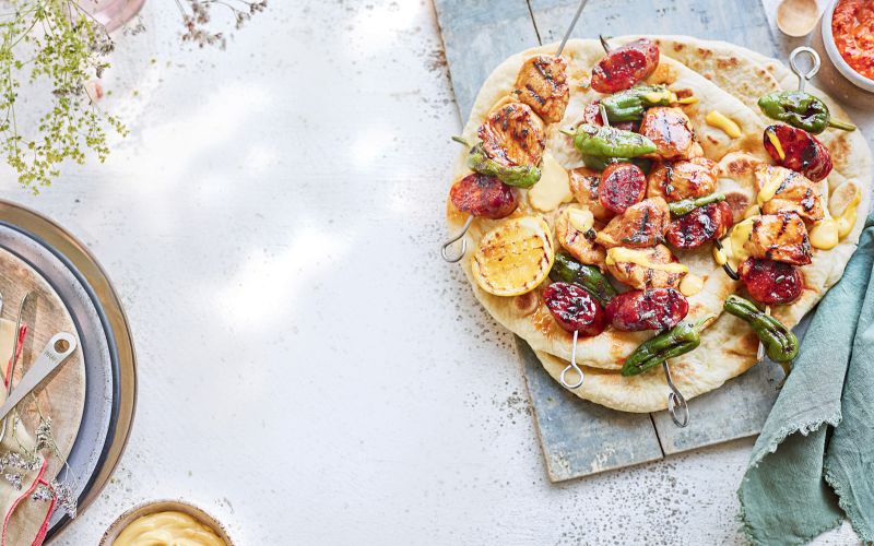 Sticky chicken &amp; chorizo with patron peppersSticky chicken &amp; chorizo skewers